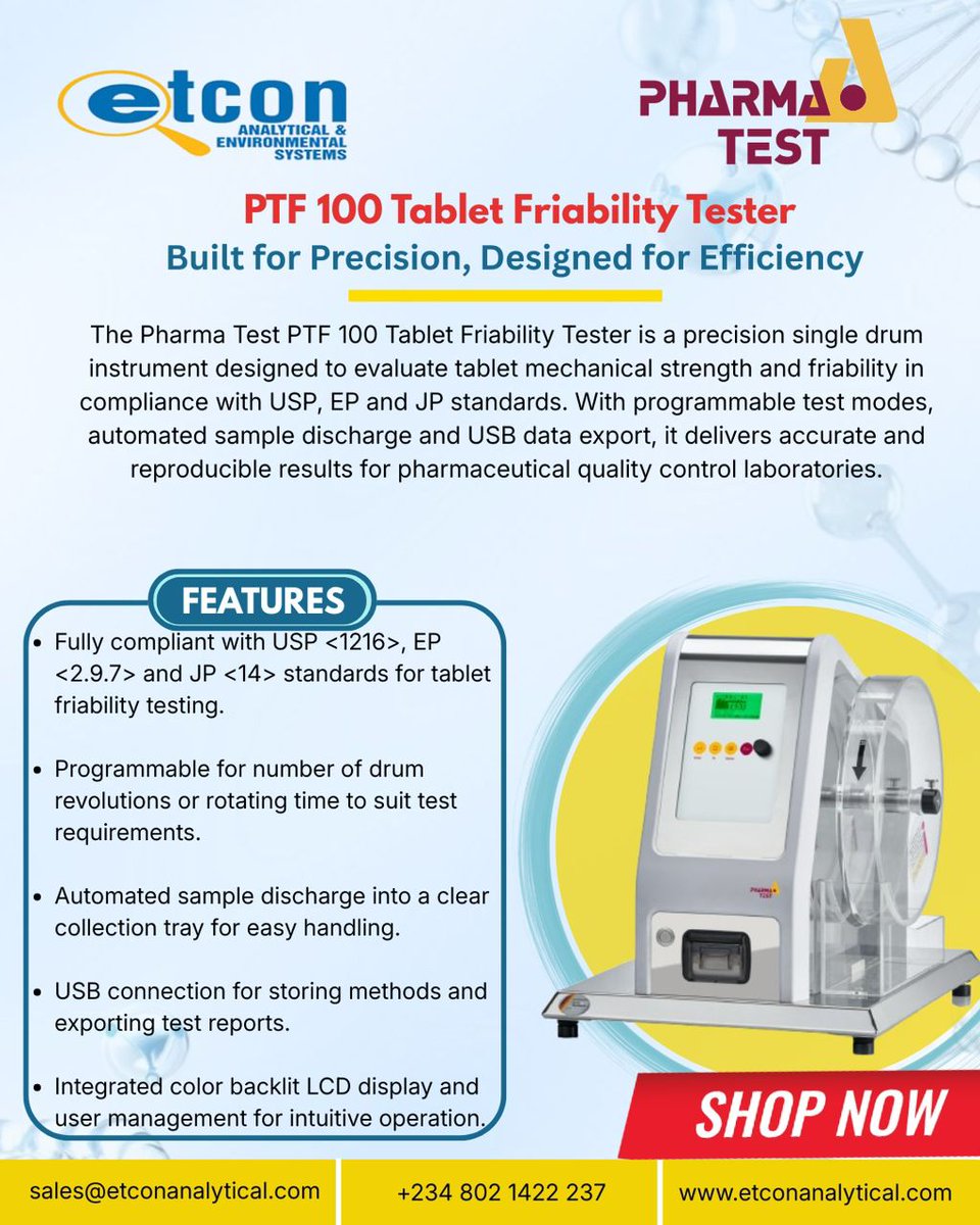 Accurate tablet durability testing starts here.
The Pharma Test PTF 100 Tablet Friability Tester is designed for precise evaluation of tablet mechanical strength and friability, ensuring compliance with USP, EP, and JP standards.
Link in bio to place an order