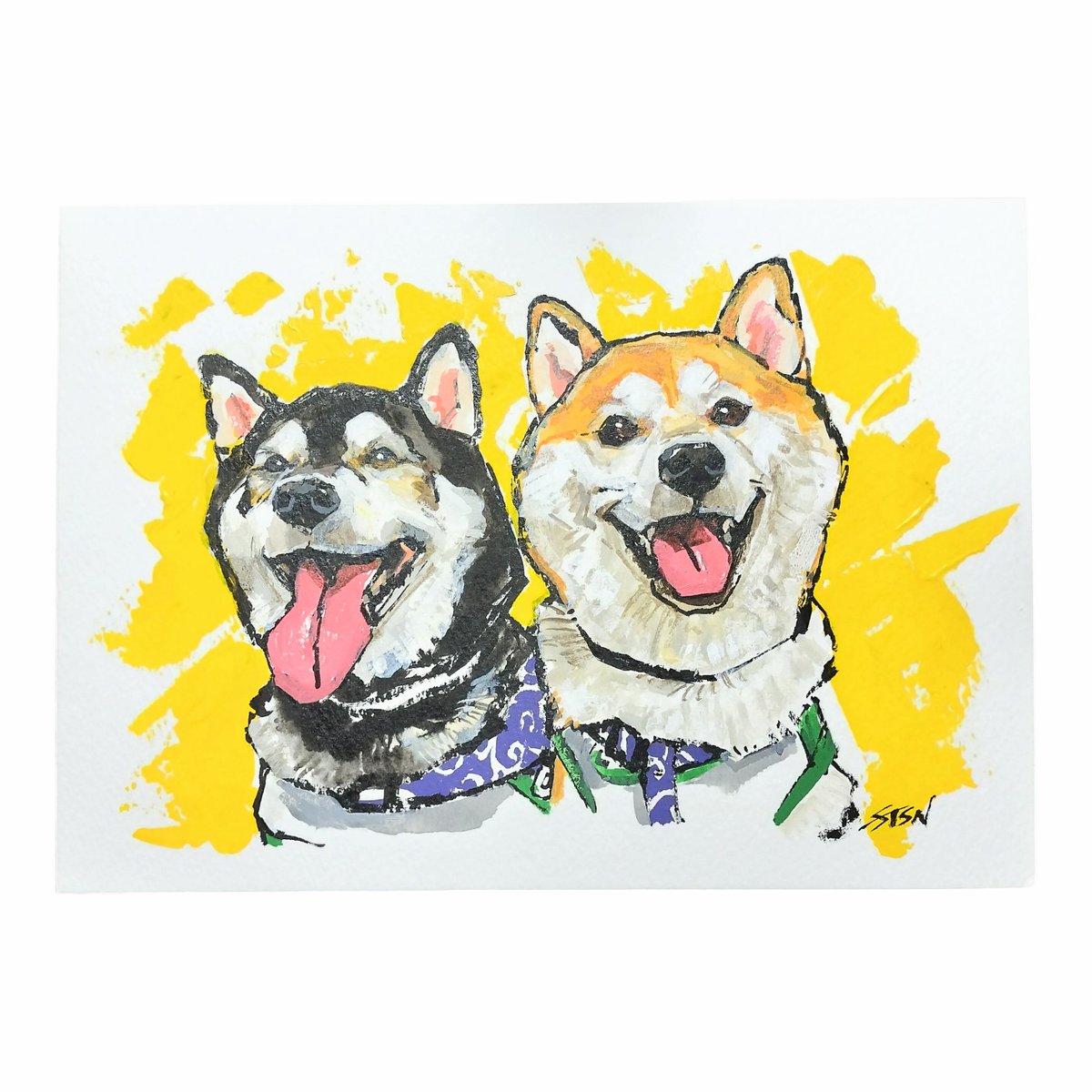 ご応募いただいた柴のナルト君とたいが君の笑顔で《福》をプレゼント🎁🍀

「もう叶うことのない」、でも
ずーっと大切で温かい笑顔を描かせていただきました！

素敵な笑顔をありがとうございます🌼