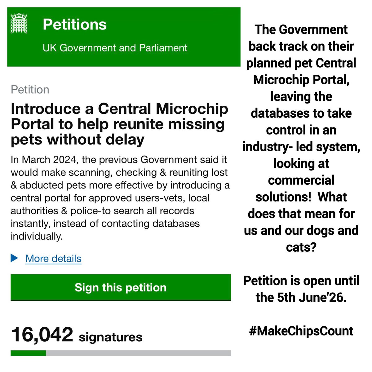 The Government back track on their planned pet Central Microchip Portal, leaving the databases to take control in an industry- led system, looking at commercial solutions!  What does that mean for us and our #dogs and #cats?  

PLEASE SIGN THE PETITION: petition.parliament.uk/petitions/7486…