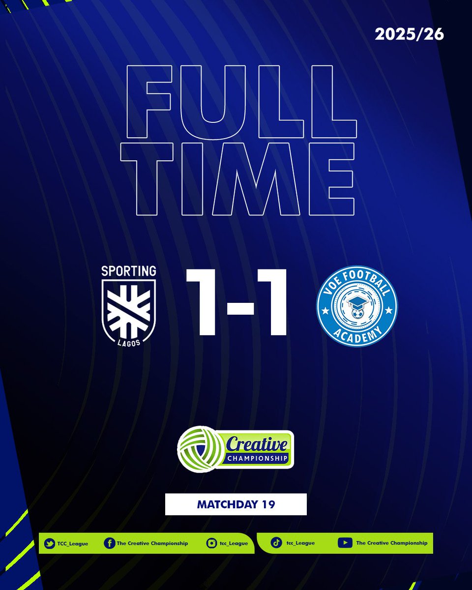 official_tcchq's tweet photo. Sporting Lagos FA, VOE share spoils in Surulere battle.
#TCCLeague26 | #SPOVOE | #Bet9ja https://t.co/0W6wGE82k5