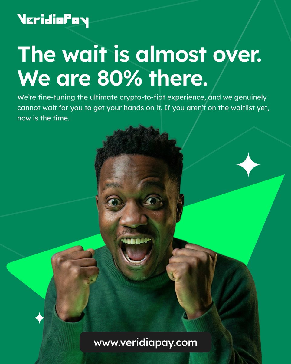 VeridiaPayHQ's tweet photo. Loading... 80% 🟩🟩🟩🟩⬜️

The wait is almost over. We are fine-tuning the ultimate crypto-to-fiat experience for Africa.

If you aren't on the waitlist yet, now is the time.
Secure your early access: https://t.co/jjb7vo9Srp https://t.co/MwH2iwH1JW