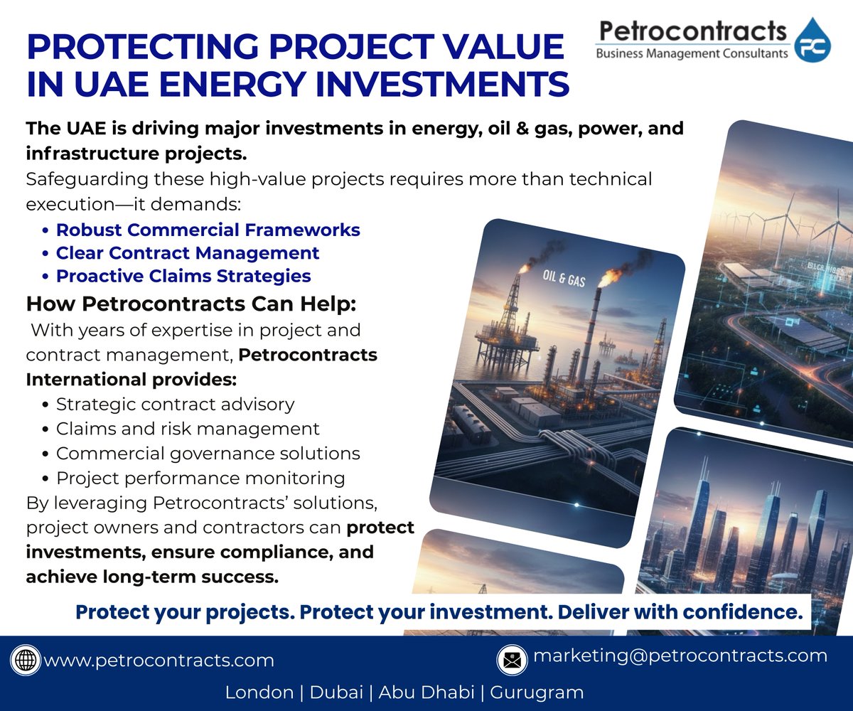 PetrocontractsI's tweet photo. The UAE is driving major energy and infrastructure projects. Protecting these investments requires strategic oversight, strong governance &amp; proactive risk management.Petrocontracts International helps organizations safeguard projects, manage contracts, &amp; deliver success outcomes. https://t.co/9COviKCqpW
