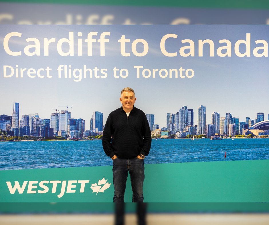 Cardiff_Airport's tweet photo. Always great to welcome Jonathan Davies CBE (@JiffyRugby) to Cardiff Airport. Ahead of his flight to Dublin for the rugby, we spoke to him about our exciting growth this year, including new direct flights to Canada with WestJet starting 23 May. Safe travels Jonathan! https://t.co/hogjYrJwLf