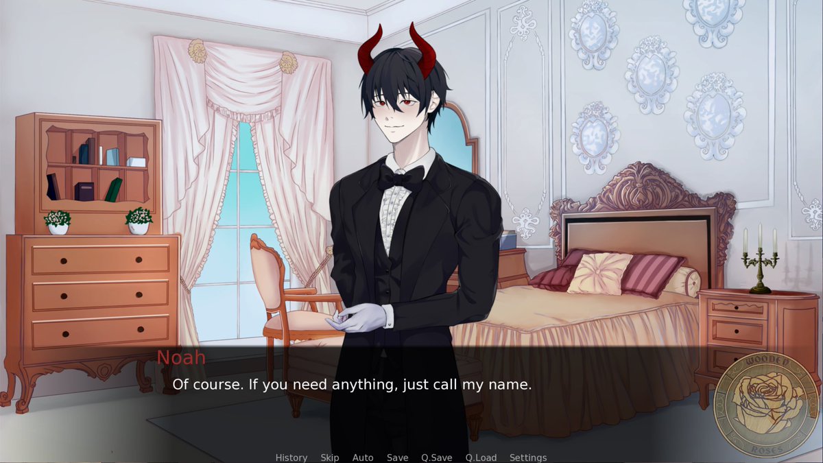 roses_wooden's tweet photo. Noah is a demon who has retired to the realm of Molrein.  He is content with his humble life as a butler.  Never fear, he is fiendishly excellent at his job.
#visualnovel #indiegame #datingsim https://t.co/Kow9qOBB1K