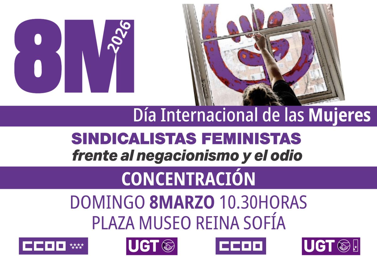 🟣Hoy #8M, Día Internacional de la Mujer, tendremos un acto previo a las 10:30 en la plaza del Museo Reina Sofía en la que nos concentraremos sindicalistas feministas frente al negacionismo y el odio.

🪧 Posteriormente, nos uniremos a la manifestación a las 12:00 cuyo recorrido
