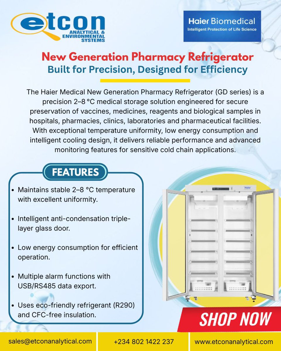 Precision cold storage you can trust. ❄️
The Haier Biomedical New Generation Pharmacy Refrigerator (GD Series) keeps vaccines, medicines, and biological samples safely stored at 2–8°C with excellent temperature stability and energy efficiency.
Link in bio to place an order