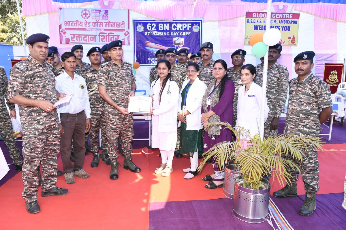62Crpf's tweet photo. On the Occasion of 87th Raising Day of CRPF, 62 Bn organised a blood donation camp at battalion hqr. Ambikapur. During the event officers and jawans of this unit participated with full fervor and donated blood for noble cause.  "CRPF SADA AJAY, BHARAT MATA KI JAI". https://t.co/A5SHsCdjEG