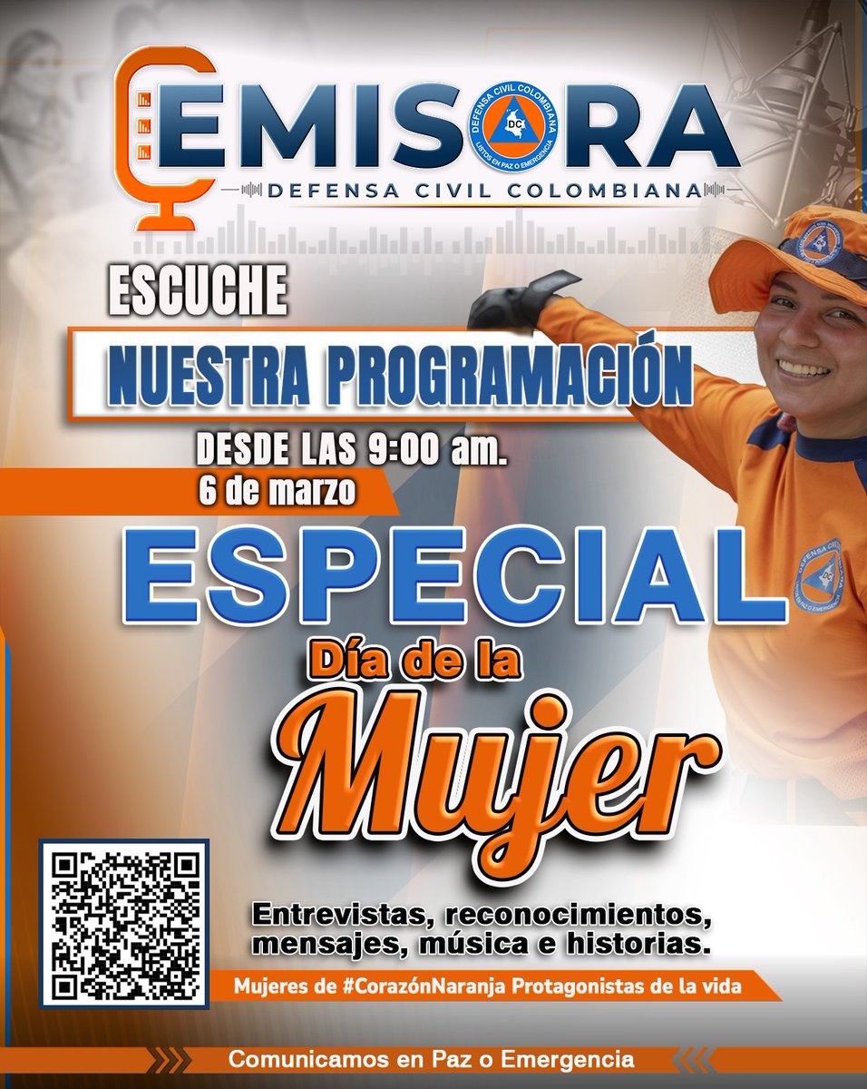 📢 ¡Especial #DíaDeLaMujer! 🧡

​Hoy desde las 9:00 a.m. conéctate a la emisora de la <a href="/DefensaCivilCo/">DefensaCivilColombia</a>.

​🎙️ Entrevistas y reconocimientos
✨ Historias de servicio
🎶 Música y mensajes
​¡Homenaje a nuestras mujeres de #CorazónNaranja!

​📻 Escucha aquí: apps.defensacivil.gov.co/home/efeba26d0…