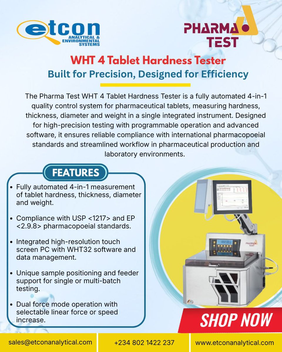 Precision testing for pharmaceutical quality control.
The Pharma Test WHT 4 Tablet Hardness Tester delivers fully automated 4-in-1 measurement of tablet hardness, thickness, diameter, and weight in one integrated system. 
Link in bio to place an order
#EtconAnalytical