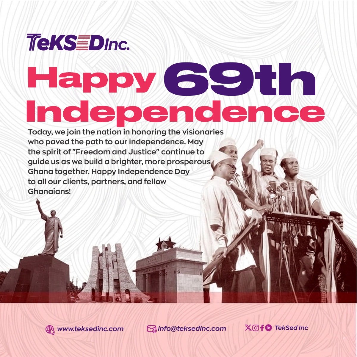 TeKSEDInc's tweet photo. On this special day, we honor the visionaries who paved the way for Ghana’s independence. 

At TeKSED Inc., we remain committed to contributing to Ghana’s growth through innovation and excellence. Happy 69th Independence Day! 🇬🇭👌🏽🚀✨

#TeKSEDInc #BuildingGhana #Innovations https://t.co/uN0rzY9tBo