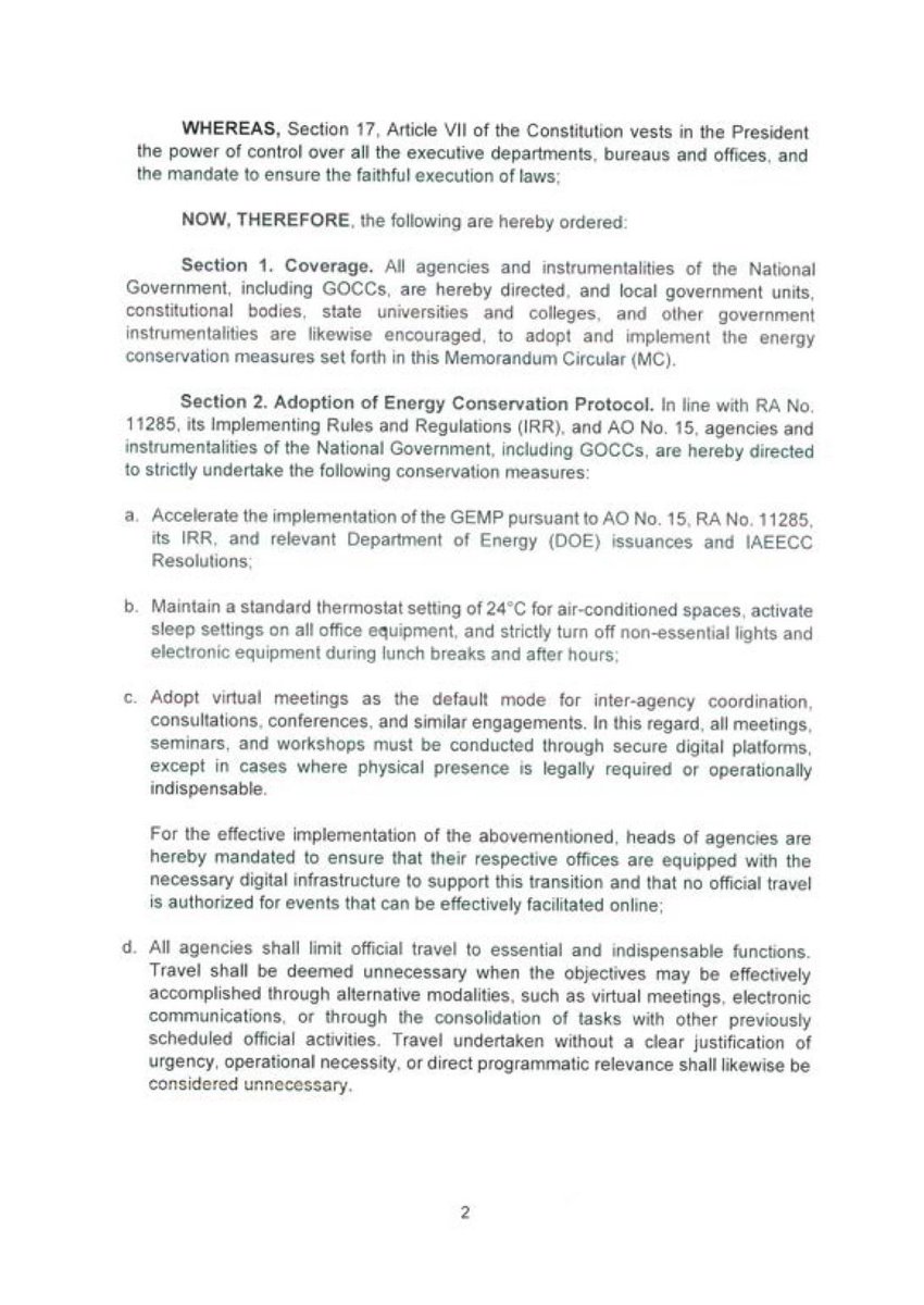 ABSCBNNews's tweet photo. READ: The Office of the President issues Memorandum Circular 114 which formalizes President Ferdinand Marcos Jr.’s order to government agencies to “strictly adopt” energy conservation protocols and a four-day work week scheme. | via @HarleneDelgado https://t.co/vqSRS9GuMz