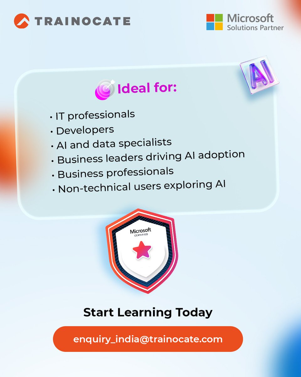TrainocateIndia's tweet image. The AI landscape is evolving rapidly, and Microsoft has introduced new certifications to help professionals stay ahead. 🟢 wa.me/919110608211

AB-900
AB-730
AB-731 
AB-100

#AICertification #MicrosoftAI #AIFundamentals #trainocateindia #gettrainocated