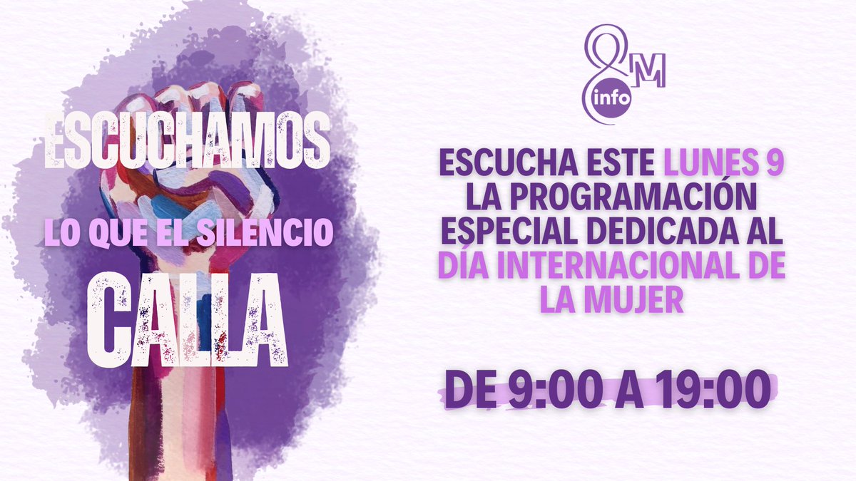 Inforadio_UCM's tweet image. Con motivo del Día Internacional de la Mujer, en Inforadio UCM tendremos una jornada especial con más de 10 horas de directo.
Este año hemos querido darle voz a la perspectiva psicológica que deja en las mujeres la violencia machista.
¡Acompáñanos a celebrar este día!💜
#ucm