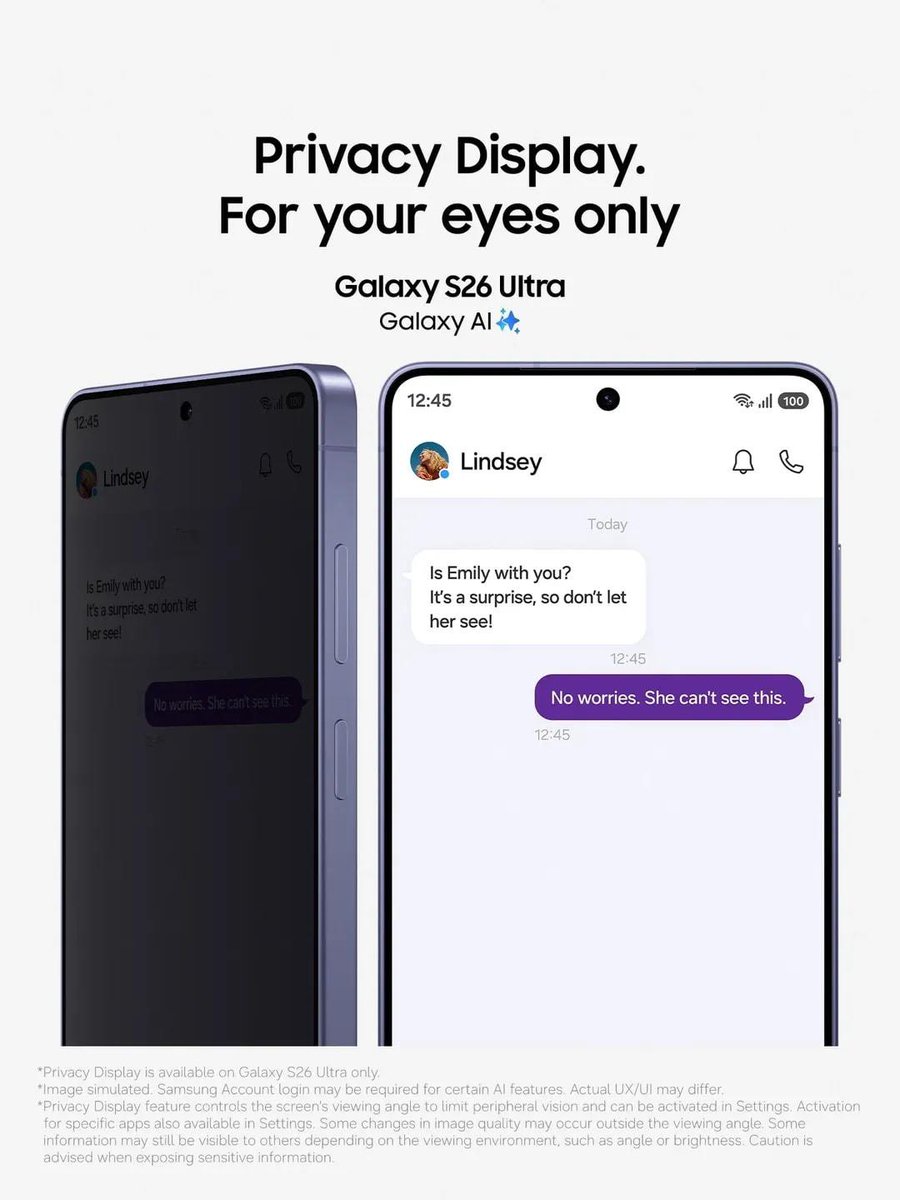 SamDhlam's tweet image. Using your phone in shared spaces means people nearby can sometimes see your screen and we often don’t like that right?! So @SamsungMobileSA came with a solution!

#GalaxyS26Ultra Privacy Display limits side-angle visibility! 🫰🏽

#SamsungGalaxy #PrivacyDisplay #GalaxyAI #AD