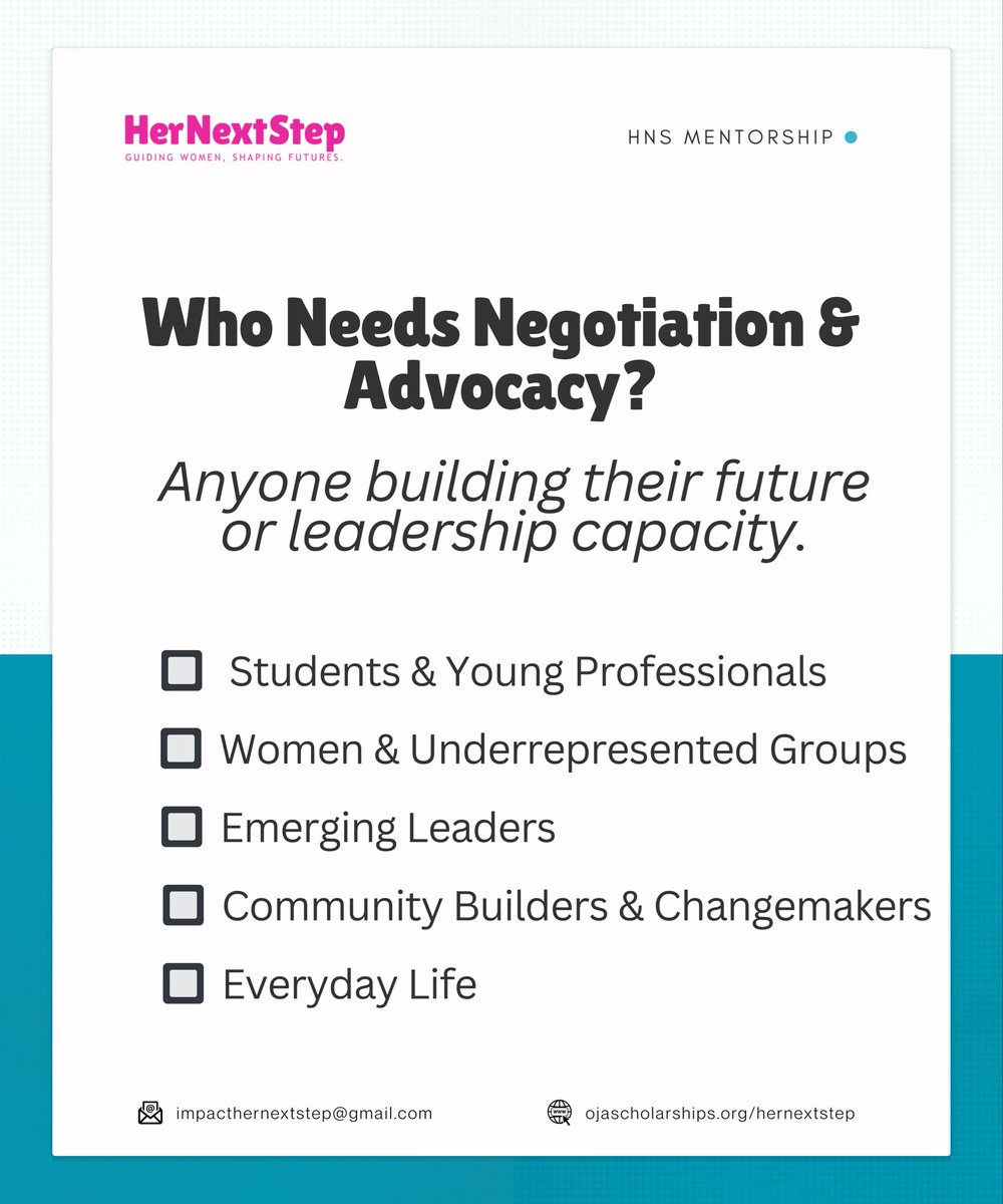 hernextstep's tweet photo. HNS x Victoria Oladipo
Theme: Negotiation &amp; Advocacy
Date: 7 March 2026

We are delighted to host Victoria Oladipo, founder of Learn Politics, for an engaging session on Negotiation and Advocacy.

-
leadership development advocacy https://t.co/QAn1gLKkJw