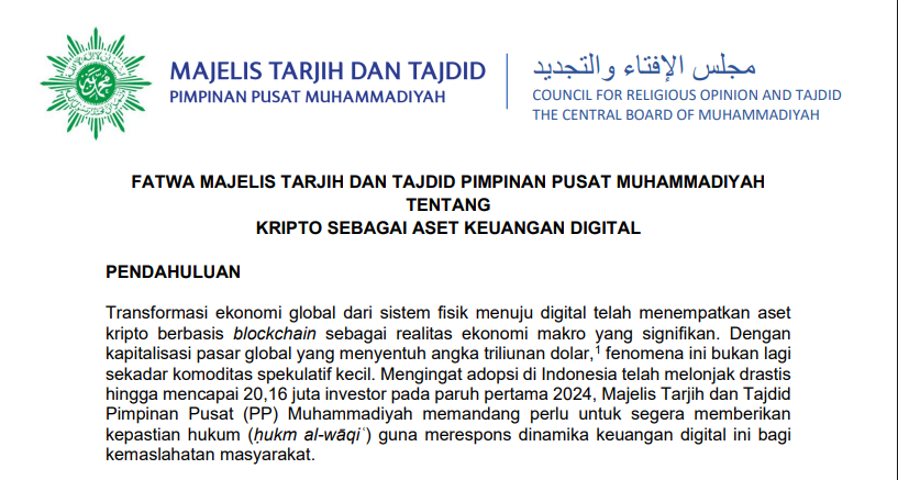 peteripung's tweet photo. Resmi, Majelis Tarjih dan Tajdid Pimpinan Pusat Muhammadiyah menerbitkan fatwa tentang Kripto Sebagai Aset Keuangan Digital.

A Thread. https://t.co/qT1M957gJd