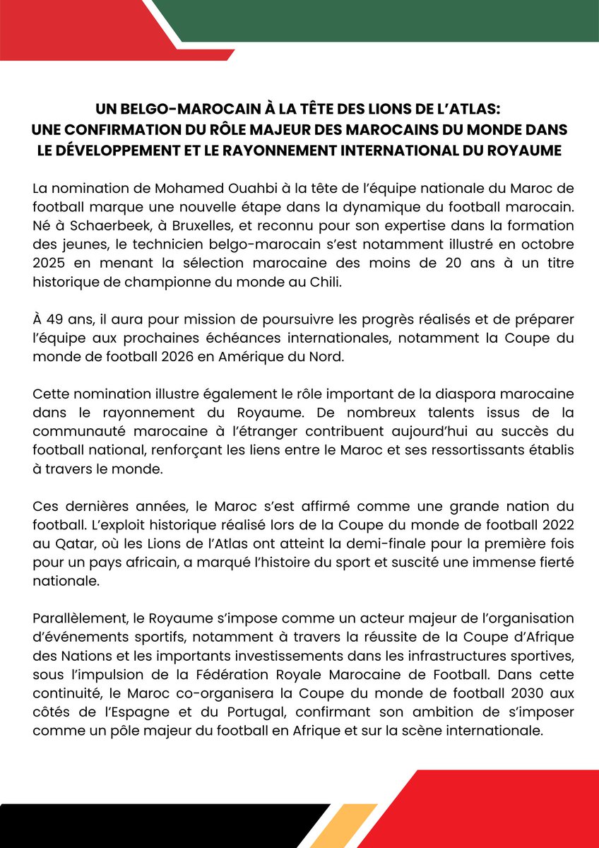 AmbMarocBeLux's tweet photo. Un belgo-marocain à la tête des Lions de l'Atlas:  Une confirmation du rôle majeur des Marocains du monde dans le développement et le rayonnement international du Royaume.

#Maroc #belgique #mre #lionsdelatlas #FRMR https://t.co/C3dEfm11SA