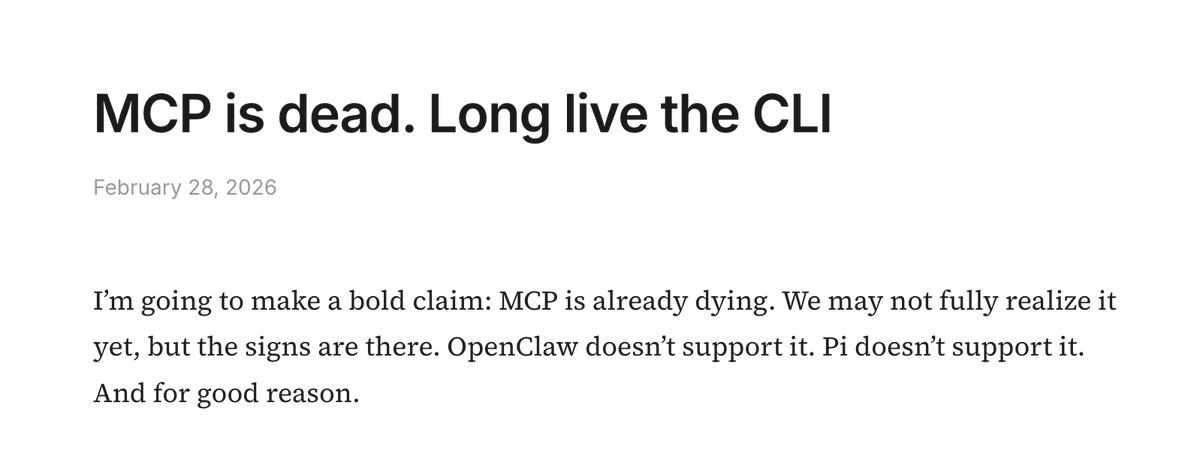 CamilleRoux's tweet photo. Le MCP est mort, vive le CLI : les LLM n'ont pas besoin d'un protocole spécial, ils utilisent déjà très bien les outils en ligne de commande 
https://t.co/7M3GrnFh7c https://t.co/x9GzUVKTRX