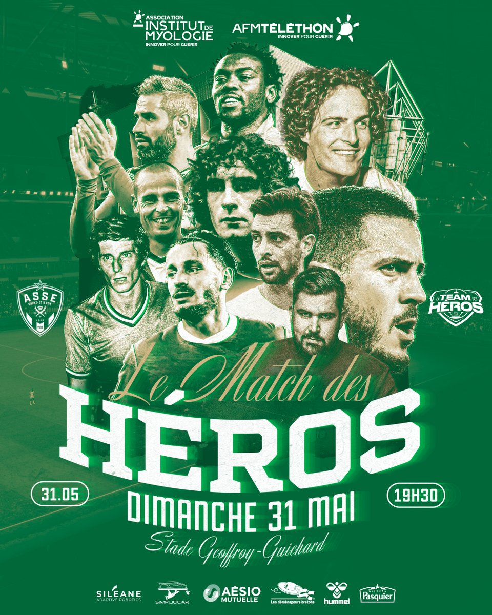 ✨ Des Légendes Vertes de retour dans le Chaudron ! 🤩

Rendez-vous le dimanche 31 mai à Geoffroy-Guichard pour un match caritatif opposant des anciens Verts à la Team des Héros, composée de personnalités sportives et d'artistes tels qu'Eden Hazard et Paul de Saint-Sernin.

💚