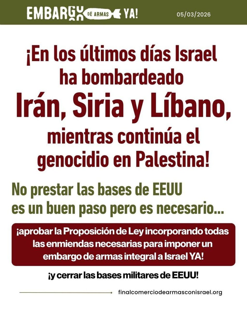 En los últimos días #Israel ha bombardeado #Irán, #Siria y
#Líbano, mientras continúa la devastación de #Palestina.
La escalada regional demuestra que la impunidad alimenta la violencia.
España debe:
✋ embargo integral de armas
✋ cierre de las bases militares de EEUU
#EmbargoYa