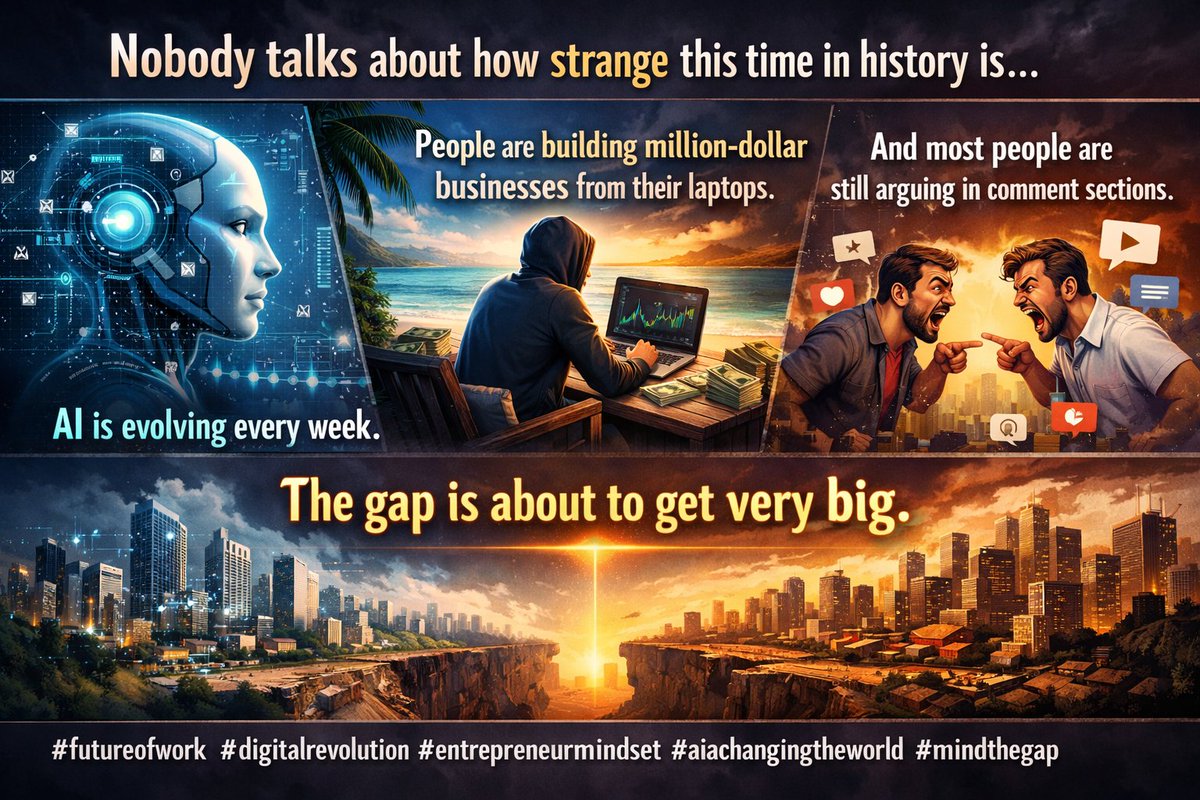 Nobody talks about how strange this time in history is.

AI is evolving every week.

People are building million-dollar businesses from their laptops.

And most people are still arguing in comment sections.

The gap is about to get very big.
#futureofwork #digitalrevolution