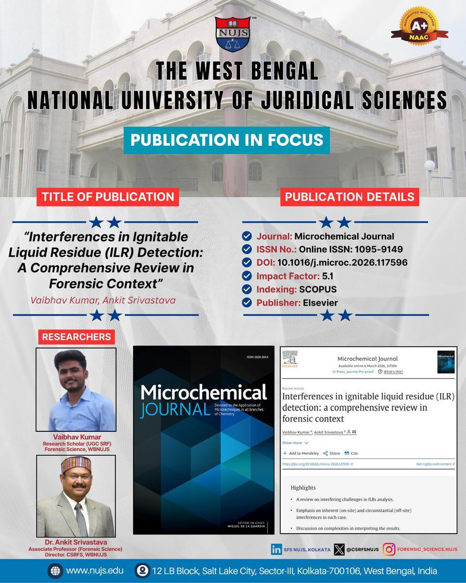 drankitforensic's tweet photo. Delighted to share that a review article titled “Interferences in Ignitable Liquid Residue (ILR) Detection: A Comprehensive Review in Forensic Context” authored by my Ph.D. scholar Vaibhav Mishra (UGC - SRF ) The West Bengal National University of Juridicial Sciences, Kolkata Bengal and myself has been published in the prestigious journal “Microchemical Journal”.
I would like to congratulate Vaibhav for his dedication and hard work. Looking forward to further research contributions in the field of forensic science.

The paper is attached with this post for those who may be interested in reading it. 
https://t.co/AmBcP1QFXv