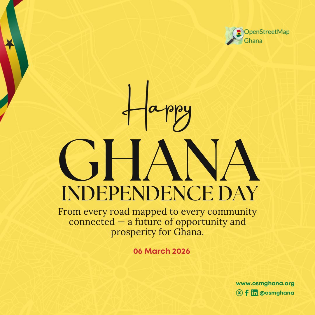 OSMGhana's tweet photo. 🇬🇭 Happy 69th Independence Day

At #OSMGhana we celebrate by empowering communities through open mapping and open data.

Every road mapped on #OpenStreetMap helps build a more visible and resilient #Ghana.

Let’s keep mapping opportunities for our nation. 🇬🇭

#GhanaAt69 #OpenData https://t.co/JpxfpdoFO2
