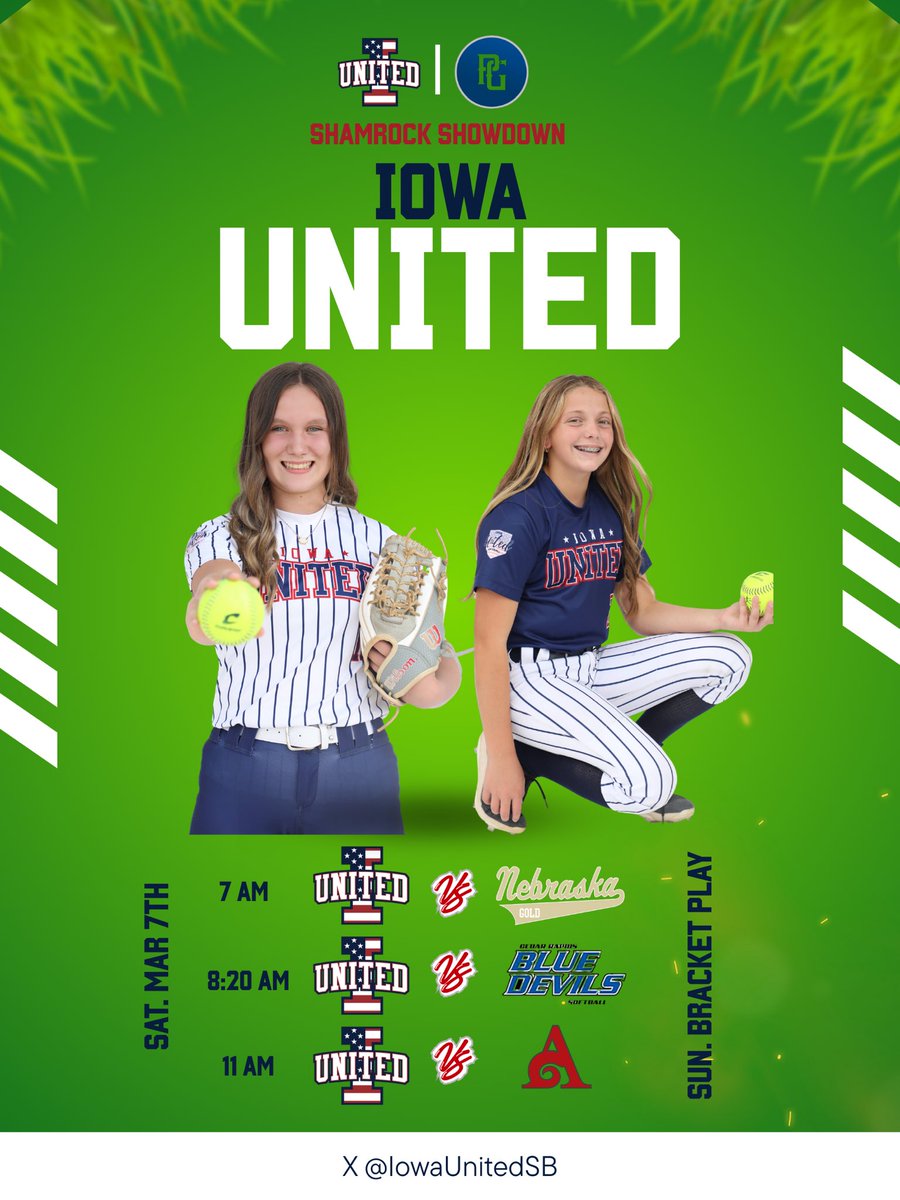 Our <a href="/IowaUnitedSB/">Iowa United Softball</a> will be in Burlington this weekend for the <a href="/PG_Softball/">Perfect Game Softball</a> Shamrock ☘️ Showdown! Let’s come out strong United! <a href="/ExtraInningSB/">EXTRA INNING SOFTBALL</a> <a href="/SoftbalAmerica/">Softball America</a> <a href="/MidwestPremierS/">Midwest Premier</a> <a href="/PG_Scouting/">Perfect Game Scout</a>