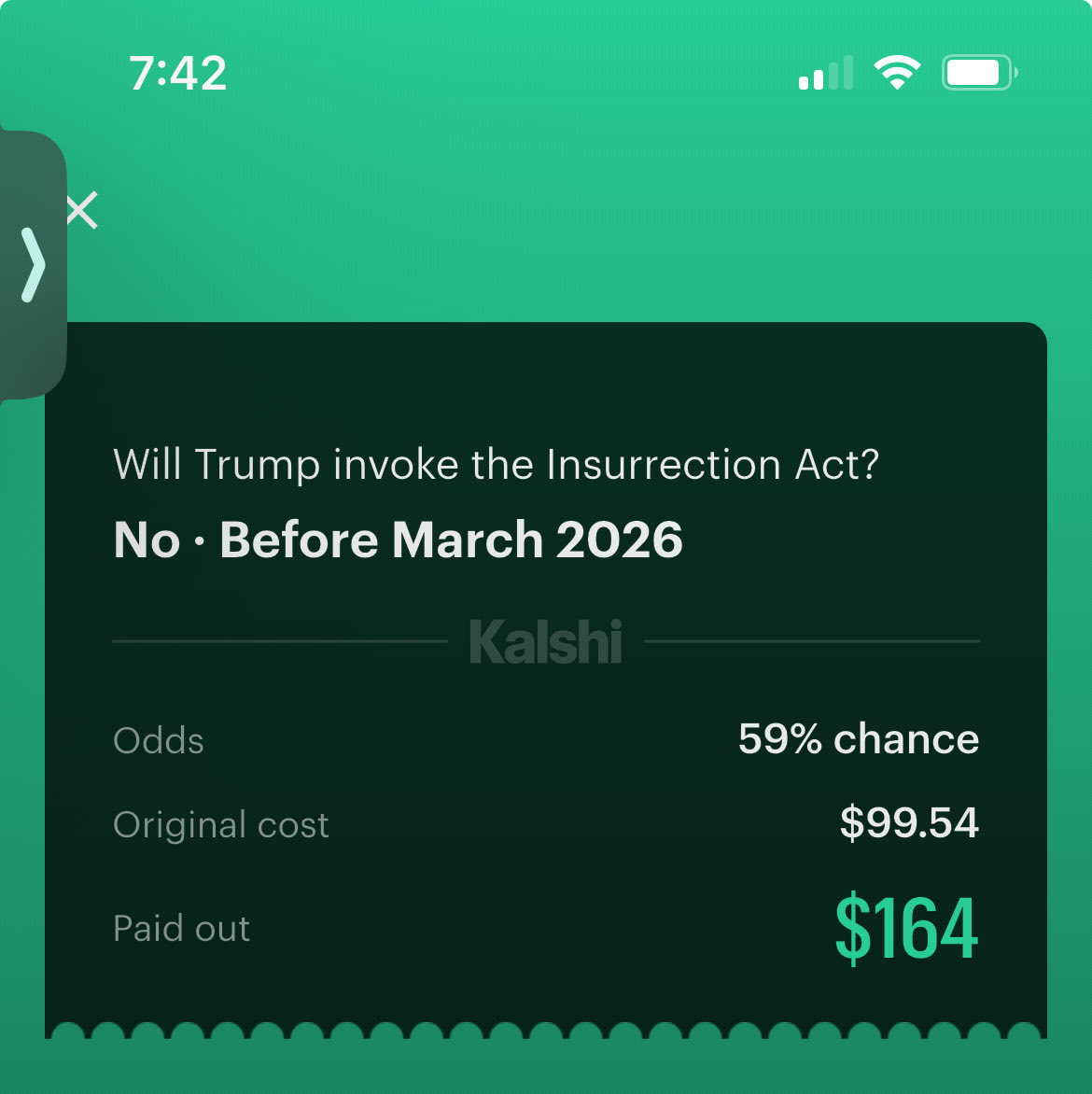 80088008J's tweet photo. #kalshi record 1-1-0

Trump insurrection act before March -No ✅ 
Ali Khamenei out as supreme leader - Push (tech. made a few $) bc assassinated https://t.co/zK7LlSzQNE
