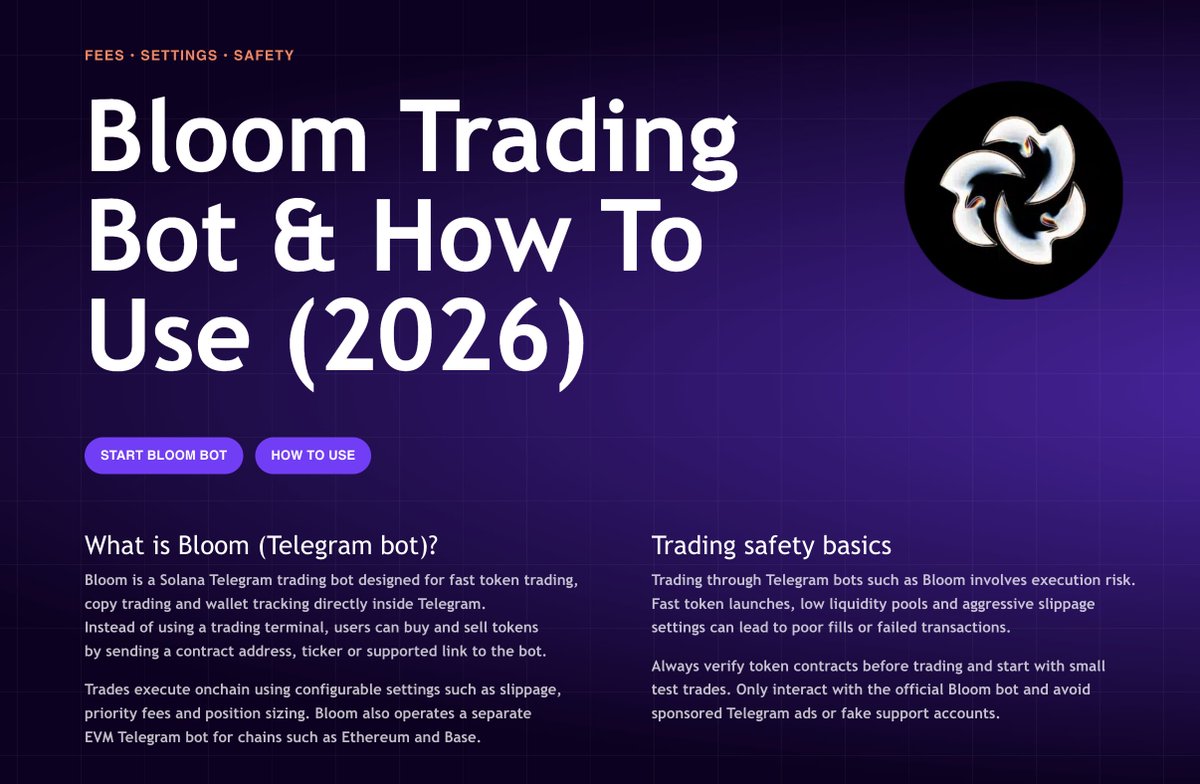 cryptotradebots's tweet photo. New guide: Bloom Trading Bot (Solana)

Telegram trading bot used for:
• fast token trading  
• wallet tracking  
• copy trading  

We added a full walkthrough including fees, setup and safety tips.

Guide ↓  
https://t.co/B8N3x5pEcY

#Solana https://t.co/8hNyAvZKZS