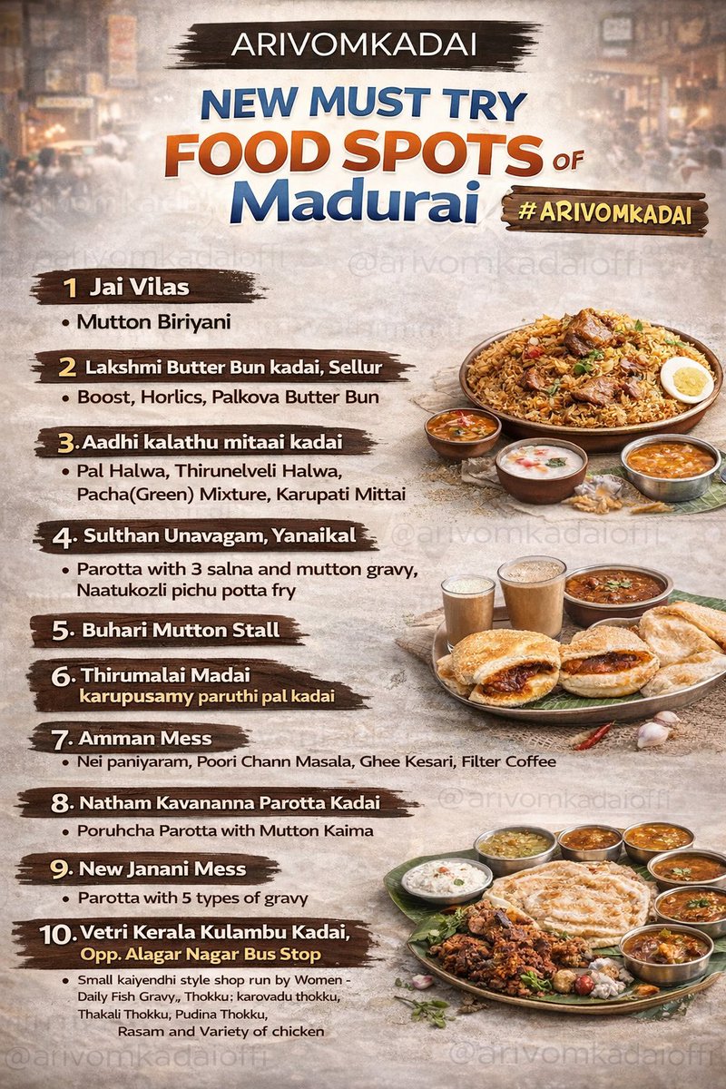 arivomkadaioffi's tweet photo. #அறிவோம்கடை - #arivom_madurai 

ஏற்கனவே மதுரை சென்றால் சாப்பிட வேண்டிய கடைகள் னு இரண்டு list பதிவு செஞ்சிருக்கோம். இது புது list - இதுல இருக்கும் சில கடைகள் நான் உண்மையாகவே இன்னும் முயற்சி செய்ததில்லை.. அடுத்த முறை மதுரை போனா இதை எல்லாம் cover செய்யனும் னு save  செய்து வைத்திருக்கும் list தான் இது.  நீங்க  மதுரை உணவு விரும்பி சாப்பிடுவீங்க என்றால் இந்த பதிவை Bookmark செஞ்சு வெச்சுக்கங்க. மறக்காமல் உங்க Food Lovers நண்பர்கள் மற்றும் Family க்கு இந்த பதிவை பகிருங்கள் 😍

1. Sri Jaya Vilas  Sapadu Club- Mutton Biriyani , Full Meals (with two variety fish gravy, Prawn thokku)

Google Map : https://t.co/24QDX5poKn

2. Lakshmi Butter Bun kadai, Sellur -  Palkova Bun , Butter Bun , Boost Bun, Horlics Bun

Google Map : https://t.co/8sWOlU3cLf

3. Aadhi kalathu mitaai kadai - Pal Halwa, Thirunelveli Halwa, Pacha(Green) Mixture, Karupati Mittai

Google Map : https://t.co/zOxSgKPRfL

 4. Sulthan Unavagam, Yanaikal - Parotta with 3 salna and mutton gravy, Naatukozli pichu potta fry  

Google Map: https://t.co/Lmvvh4Hp7J

5. Buhari Mutton Stall,Melamasi Vethi, Near Pothys, Madurai  - Nenju Kari, Thala Kari, Moola Roast,  Suvarotti

6. Thirumalai Madai karupusamy paruthi pal kadai , முனிச்சாலை, பாலரெங்காபுரம், மதுரை.  - பருத்தி பால், கம்மங்கூழ், கேப்பைகூழ்

Google Map: https://t.co/oLIpKF5GCZ

7. Amman Mess , Kamarajar Salai, Madurai (near Reserve Line Junction) - Lunch: Full Meals with Parupu and Ghee,  Evening Snacks: Nei paniyaram, Poori Chann Masala, Ghee Kesari, Filter Coffee 

Google Map : https://t.co/06XghttR7i

8. Natham Kavananna Parotta Kadai (Natham Koorai Kadai), Bazar St, Ward Number 11, Meenachipuram- Poruhcha Parotta with Mutton Kaima 

Google Map : https://t.co/71Eas8pv3V

9. New Janani Mess,East Avani Moola Street, 249, Kochi-Madurai-Tondi Point Rd, Near Sulthan Hotel - Parotta with 5 types of gravy

Google Map : https://t.co/6wnJEXet8S

10. Vetri Kerala Kulambu Kadai, Opp. Alagar Nagar Bus Stop - Small kaiyendhi style shop run by Women - Daily Fish Gravy , Thokku : karuvadu thokku, Thakali Thokku, Pudina Thokku,  Rasam and Variety of chicken

Google Map: https://t.co/GMcPoffnFr