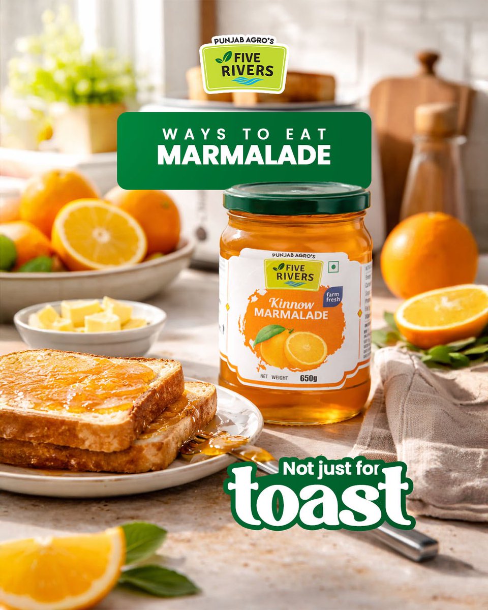 FiveRiversPB's tweet photo. Cannot think beyond toast when it comes to jam? 🤔

It’s time to spread the love a little further with Kinnow Marmalade Jam! 🍊✨
From warm pancakes and buttery parathas to indulgent ice-cream desserts, try it on everything.

Sweet, zesty, and endlessly versatile. https://t.co/jiduChgx8w