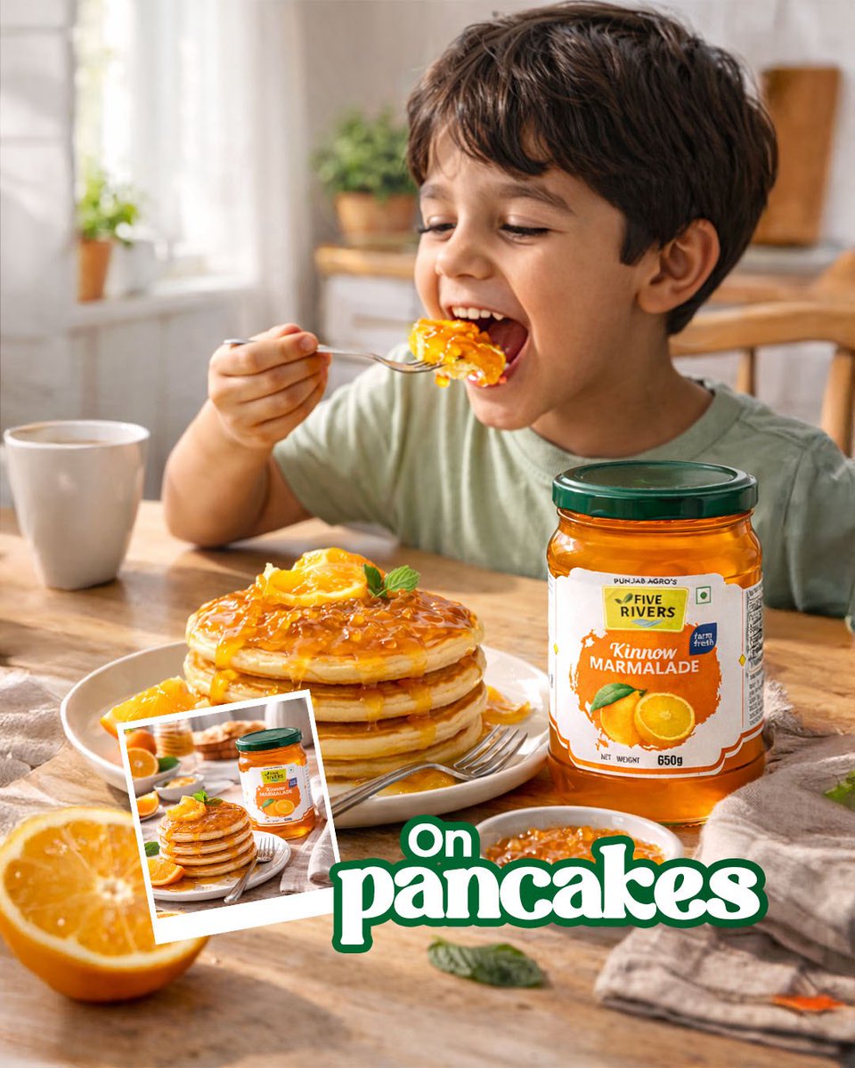 FiveRiversPB's tweet photo. Cannot think beyond toast when it comes to jam? 🤔

It’s time to spread the love a little further with Kinnow Marmalade Jam! 🍊✨
From warm pancakes and buttery parathas to indulgent ice-cream desserts, try it on everything.

Sweet, zesty, and endlessly versatile. https://t.co/jiduChgx8w