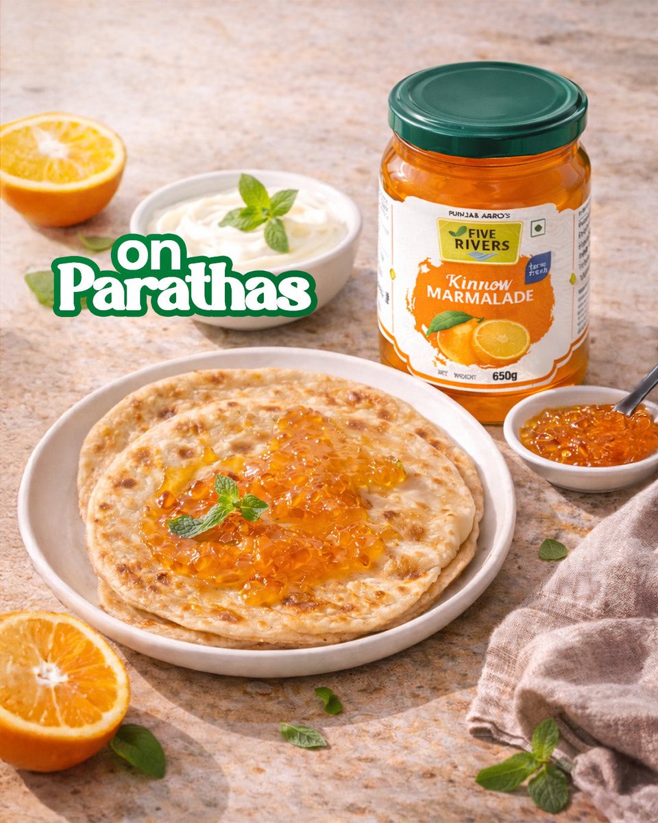 FiveRiversPB's tweet photo. Cannot think beyond toast when it comes to jam? 🤔

It’s time to spread the love a little further with Kinnow Marmalade Jam! 🍊✨
From warm pancakes and buttery parathas to indulgent ice-cream desserts, try it on everything.

Sweet, zesty, and endlessly versatile. https://t.co/jiduChgx8w