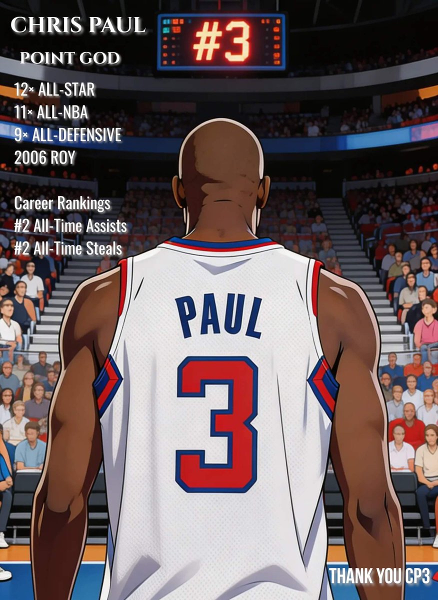 saRa_AIillust's tweet photo. A legend walks off the court.

Chris Paul — the Point God.
One of the greatest floor generals in NBA history.
Thank you for the assists, elite playmaking, the leadership, and the unforgettable moments.

Respect to a true legend.🏀

#NBA
#ChrisPaul
#CP3
#PointGod
#NBAFanArt https://t.co/TxX16MsOF6