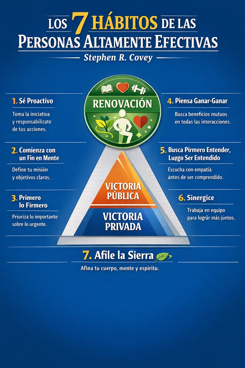 herbasluisalber's tweet photo. Los 7 hábitos de las personas altamente efectivas de Stephen R. Covey 🌱
1️⃣ Sé proactivo  
2️⃣ Comienza con un fin en mente  
3️⃣ Primero lo primero  
4️⃣ Piensa ganar–ganar  
5️⃣ Primero entiende, luego sé entendido 
6️⃣ Sinergiza  
7️⃣ Afila la sierra  
✨ El éxito se construye https://t.co/cK4uvO0beC