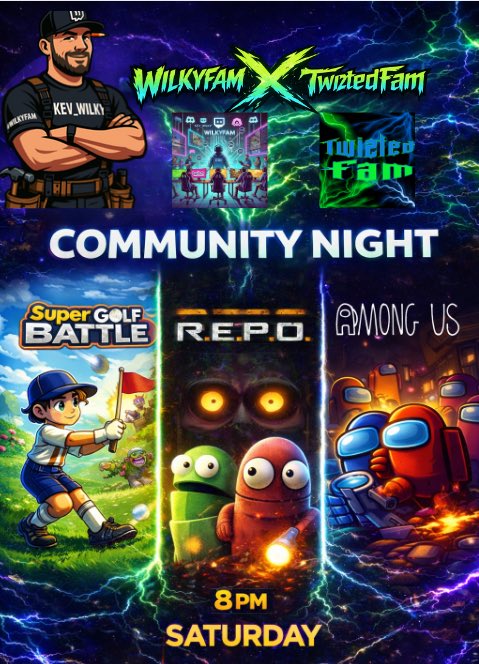 1KevWilks's tweet photo. 🚨 TWO COMMUNITIES. ONE CHAOTIC NIGHT. 🚨

WILKYFAM ⚡X⚡ TWIZTEDFAM are linking up for Community Night, and YOU can jump in and play!

⛳ Super Golf Battle
👀 Among Us
💀 R.E.P.O.

Expect laughs, sabotage, betrayal, and pure gaming madness with the FAM. 
 
Want in? Hop in chat and join the games with us!

📅 Saturday
⏰ 8PM EST

Pull up, hang out, and let’s run it 
THIS WEEKEND 💚
@TwiztedTrench 
@TwiztedIdaho 
@TTVTwistedChook 
@MacbethDar