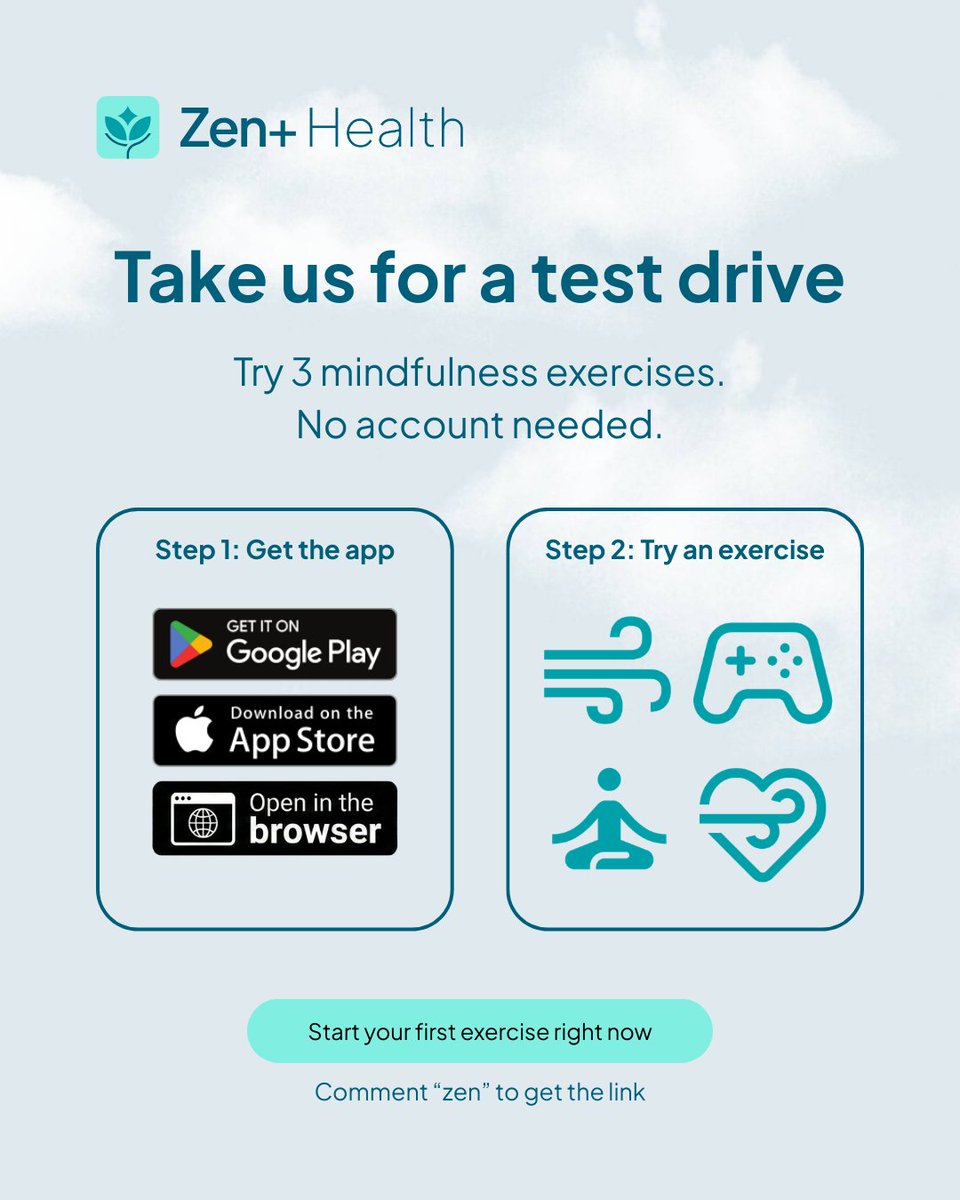 ZenplusHealth's tweet photo. Curious how Zen+ Health fits into your workday? Try our platform with a "test drive" of 3 favorite exercises on iOS, Android, or Web, no account needed! Experience it and explore our full library. 🧘‍♂️

https://t.co/iVODlr4Ilo https://t.co/OUC1YNAr7k