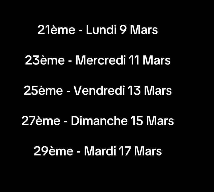 Le calendrier des nuits impaires de cette année.

Le Prophète ﷺ a dit :

« Cherchez Laylat al-Qadr dans les nuits impaires des dix dernières nuits du Ramadan. »

Rapporté par Sahih al-Bukhari (2017)