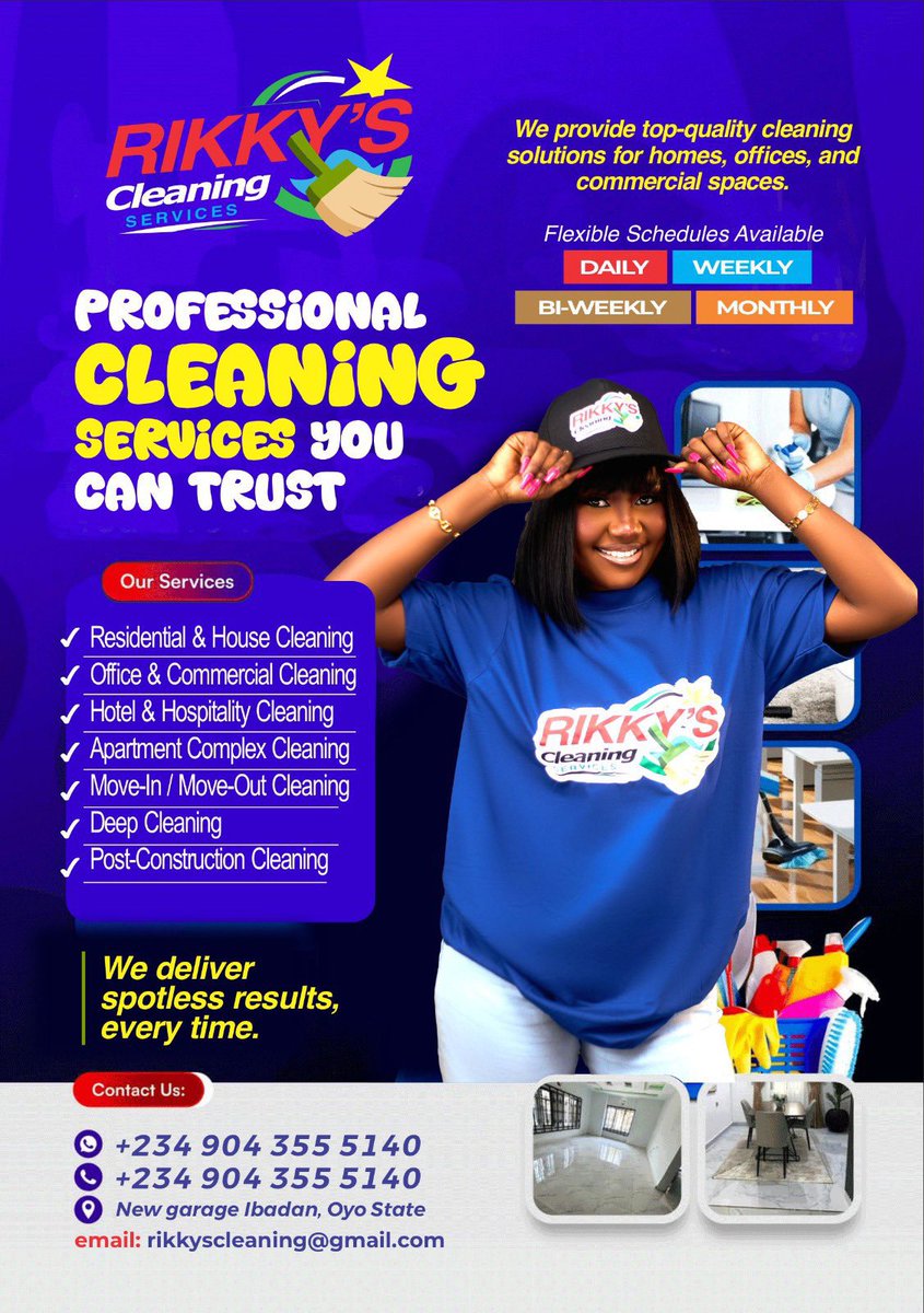 Your space deserves to shine like new ✨

Let Rikky’s Cleaning Services handle the dirt while you enjoy a spotless environment.

✔ Homes
✔ Offices
✔ Apartments
✔ Hotels
✔ Deep Cleaning

📅 Flexible plans: Daily | Weekly | Bi-Weekly | Monthly

📞 Book now: +234 904 355 5140