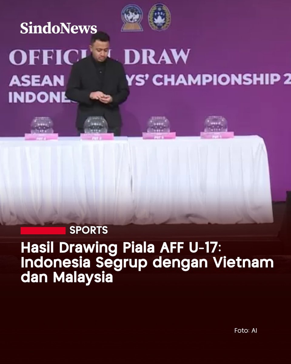 SINDOnews's tweet photo. Timnas Indonesia U-17 tergabung di Grup A pada ajang ASEAN U-17 Boys Championship 2026 setelah hasil undian resmi diumumkan di Jakarta, Jumat (6/3/2026). Turnamen dijadwalkan berlangsung pada 11-23 April 2026 mendatang
Baca Selengkapnya di
https://t.co/efoWYINmjl
#HasilDrawing #TimnasU17 #TimnasIndonesia #PialaAFFU17 #TimnasDay #KurniawanDwiYulianto #JawaTimur #SindoNews