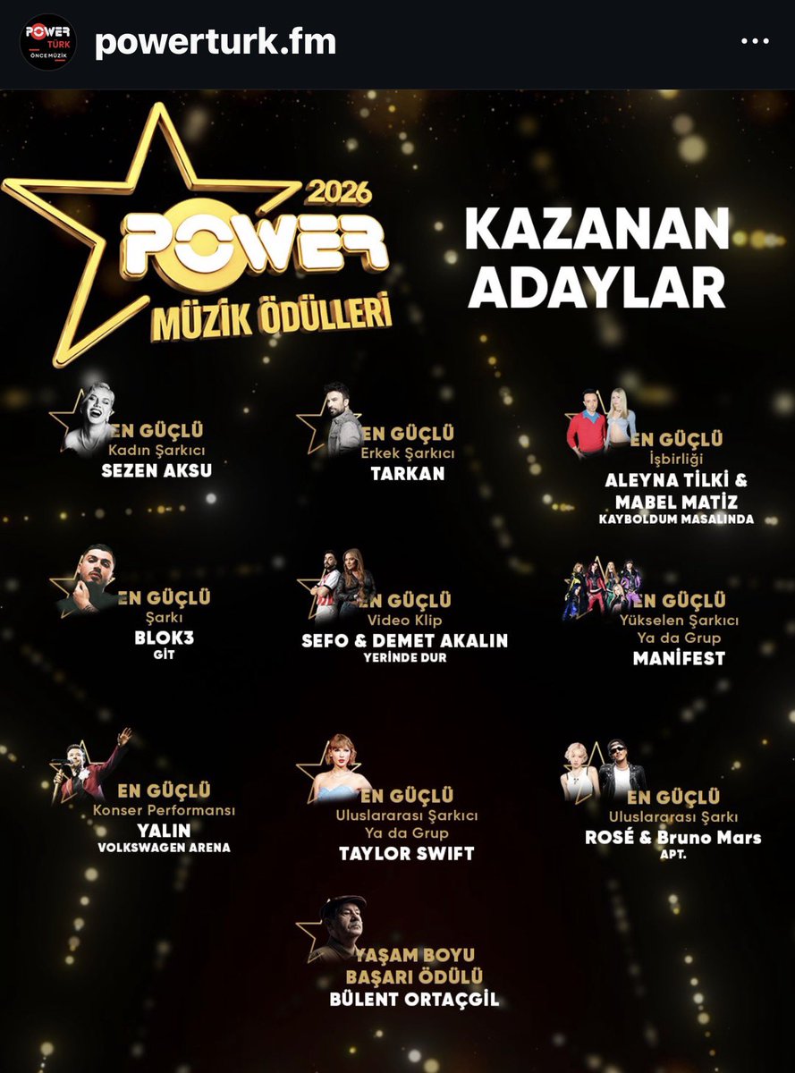 #ROSÉ suma otro reconocimiento internacional a su carrera!

— En los Power Türk Music Awards 2026, ceremonia anual realizada en Turquía, ROSÉ y Bruno Mars ganaron el premio a "Most Powerful International Song" con APT.

Felicidades Rosie y Bruno🥳