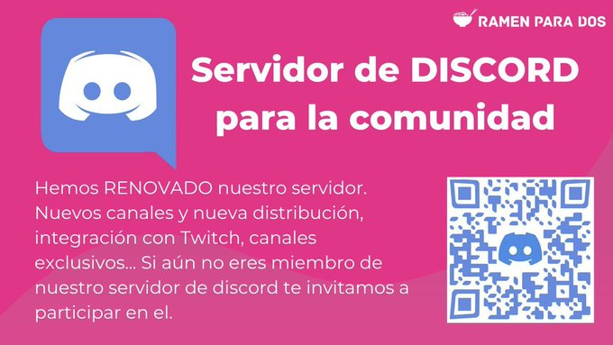 RamenParaDos's tweet photo. 🆕 Tenemos un servidor de #Discord para la comunidad de #RamenParaDos
💥 Multitud de canales, integración con Twitch, canales exclusivos ...
🫶 Si aún no eres miembro de nuestro servidor te invitamos a participar en el.
👉 https://t.co/ONAol36Mvc https://t.co/sWGtbvy4iA