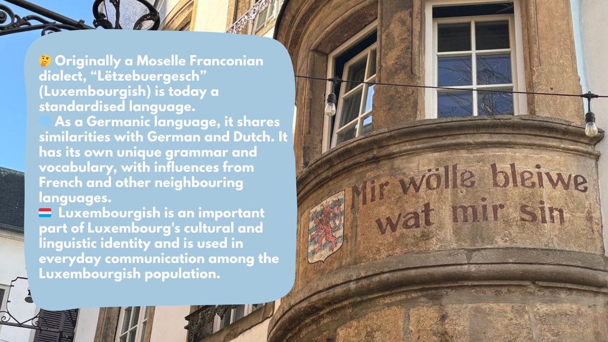 LUinCopenhagen's tweet photo. 🗨️ 🇱🇺 Did you know? Luxembourgish is a West Germanic language and one of the official languages of Luxembourg! About 390 000 people speak Luxembourgish worldwide. #Luxembourg #Luxembourgish #Moien #funfact https://t.co/YYL2iOLBI5