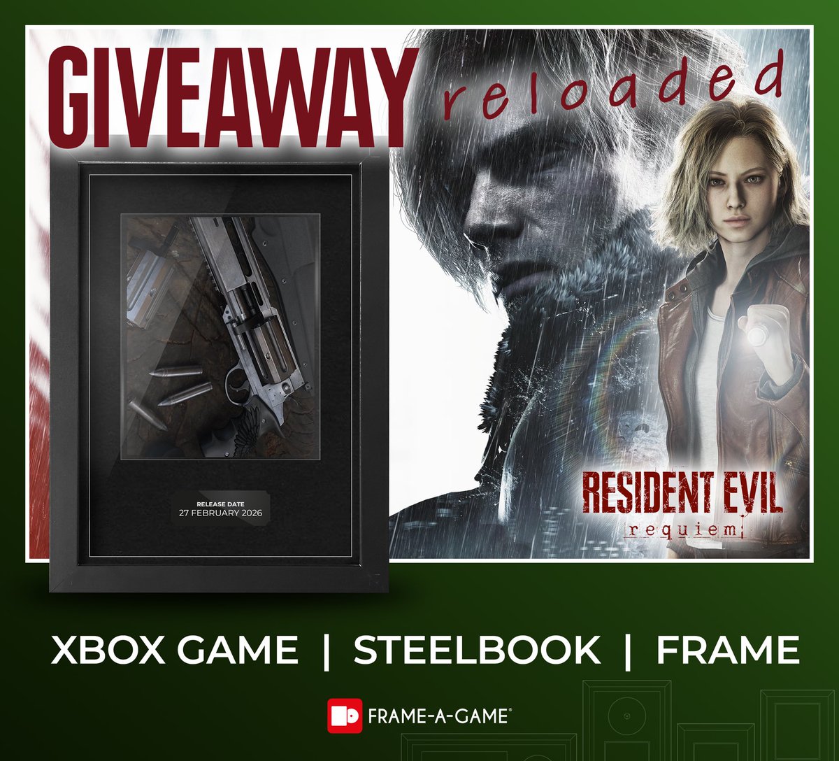 🔥GIVEAWAY reloaded🔥

Want to win a framed copy of Resident Evil Requiem on Xbox, with the steelbook mounted so you can still play the game?

Do all 3:
👉 Follow @frameagame
👉 Retweet this tweet
👉 Comment your favourite Resi game OAT

Open to all. 
One winner. 
Ends 10.03.26.