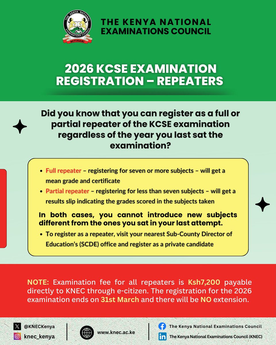 KNECKenya's tweet photo. Do you wish to give the KCSE examination another attempt? You only have two chances left; this and next year. The registration for this year is underway and will end soon.
#KCSE #registration #integrity https://t.co/fMwu8OWiR1