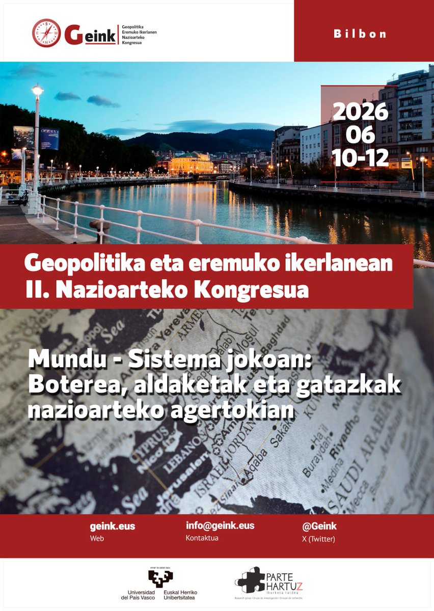 Nazioarteko Politikari buruzko GEINK kongresuan zure ponentzia aurkezteko beharrezkoa dena:
🔵 Proposamena (gehienez 800 karaktere)
🔵 Egilea/en ohar biografikoa (gehienez 350 karaktere)
🔵 Lan-taldean zehaztu
Beheko estekan informazio guztia ⬇️ geink.eus/wp-content/upl…