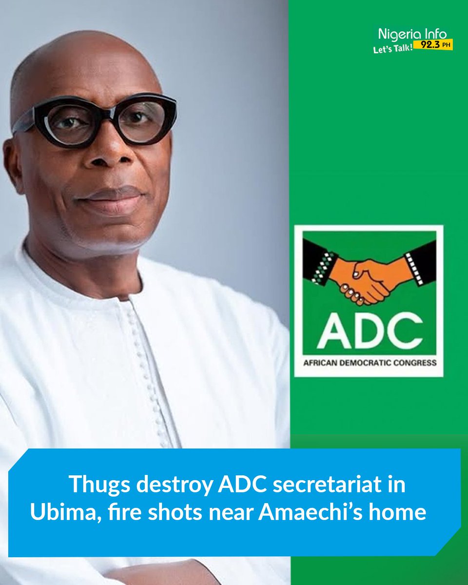 NigeriaInfoPH's tweet image. Thugs reportedly attacked the ADC Ward 8 secretariat in Ubima, Ikwerre LGA, Rivers State, and fired shots at the family residence gate of former Minister and ex-Rivers State Governor, Chibuike Amaechi, ahead of his expected visit to officially register with the party.
#Letstalk