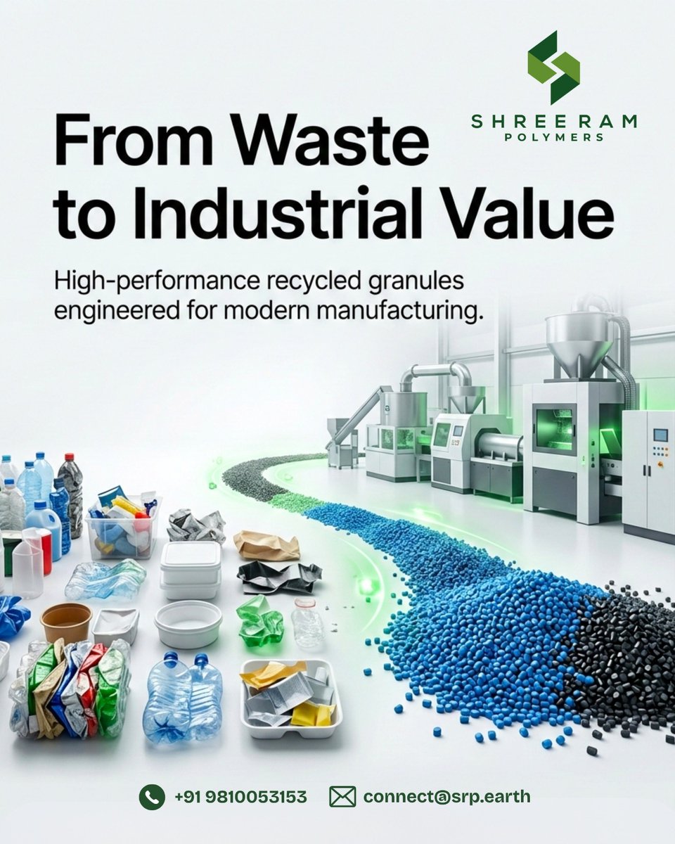 Plastic waste still holds value, when processed the right way.
+9198100 53153 | connect@srp.earth | srp.earth

#shreerampolymers #plasticrecycling #recycledplastics #circulareconomy #sustainablemanufacturing #recycledpolymers #industrialrecycling #plasticsindustry