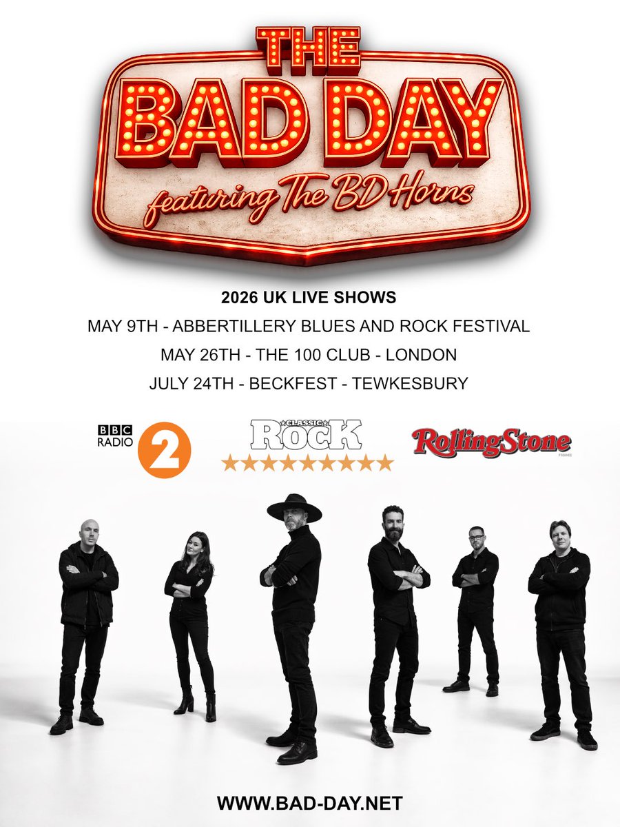 📣 ANNOUNCEMENT 📣 New shows and lineup! More venues and dates to be announced but this should whet your appetite!! 

Stephen on Drums, Martin on guitar, Vera on Alto Sax, Martin on Trumpet, Dom on Baritone Sax and of course Adam on vocals and bass. ❤️ bad-day.net